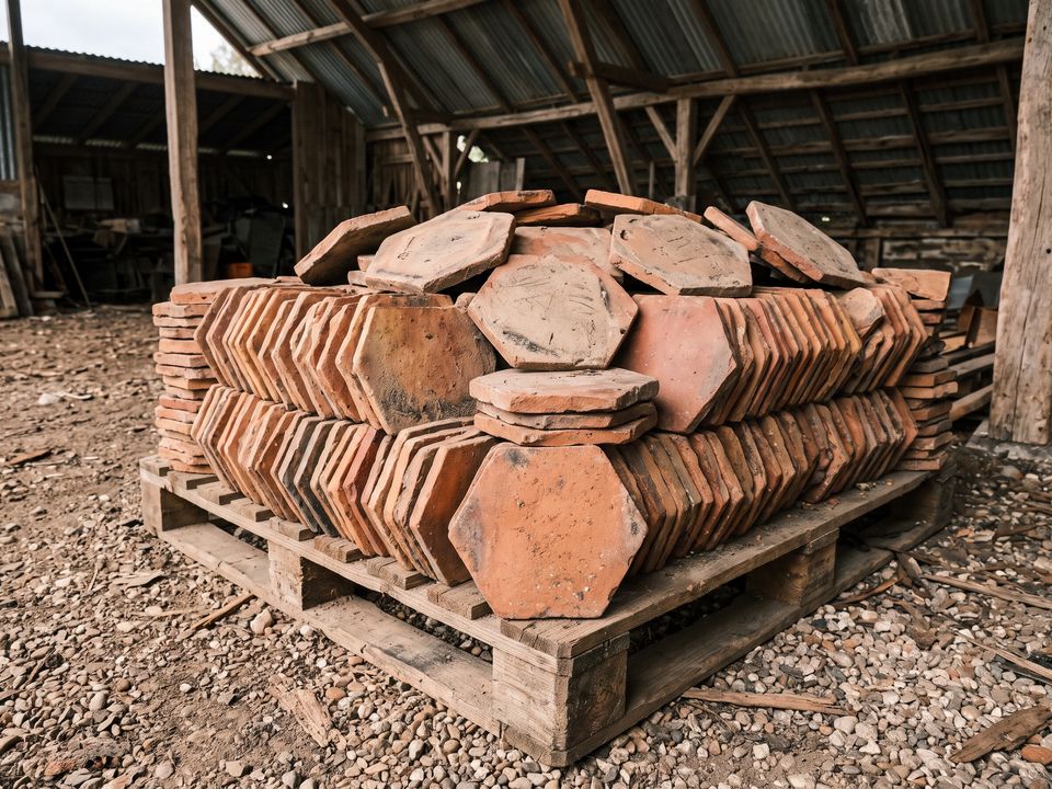 Une palette de tomettes de récupération, quelques carreaux retournés sur le dessus