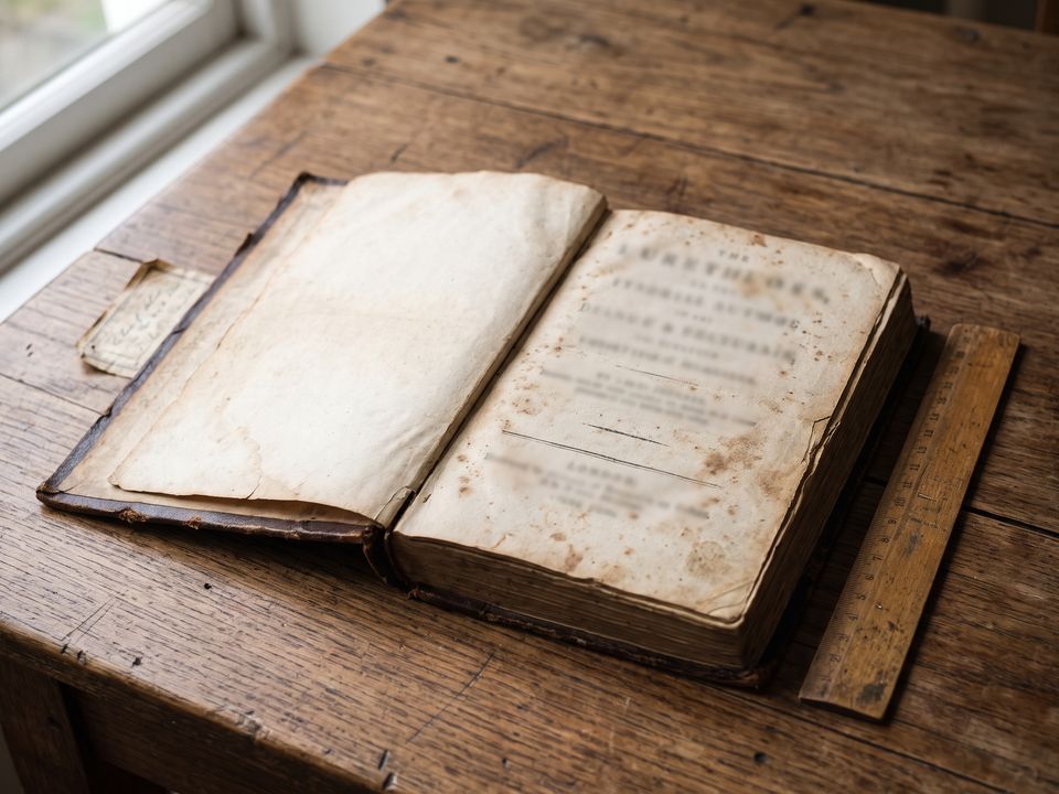 Un livre ancien ouvert sur la page de titre, une règle posée à côté, sur une table en bois