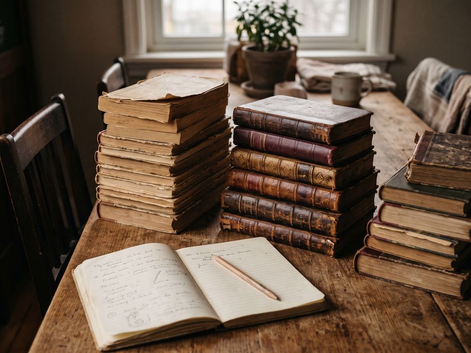 Trois piles de livres anciens triés sur une table de salle à manger, un carnet ouvert devant