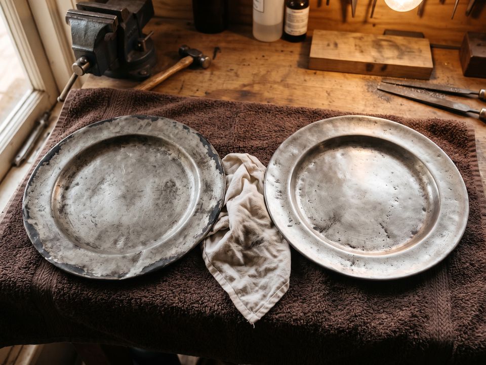 Deux assiettes en étain côte à côte sur un établi, l'une grise et mate, l'autre plus claire après lavage